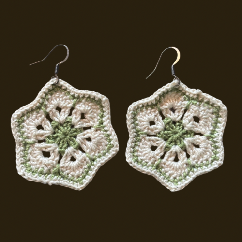 Cream & Sage Green Micro-crocheted Cotton Flower Earrings