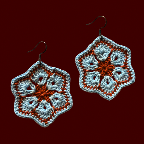 Icy Blue & Burnt Orange Micro-crocheted Cotton Flower Earrings