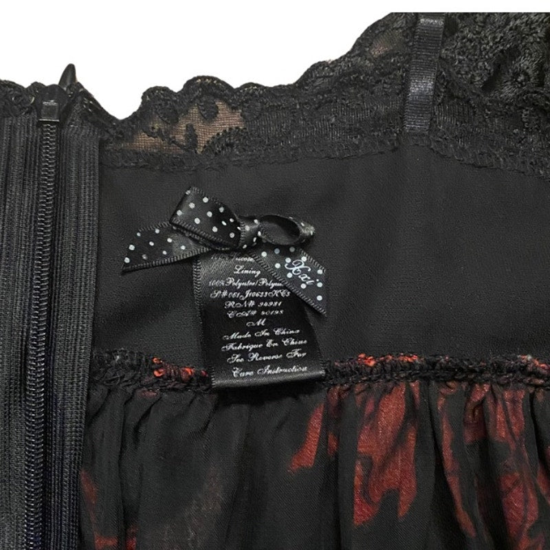 90’s Lacey Bust Black and Red Floral Babydoll Spaghetti Strap Dress  (M)