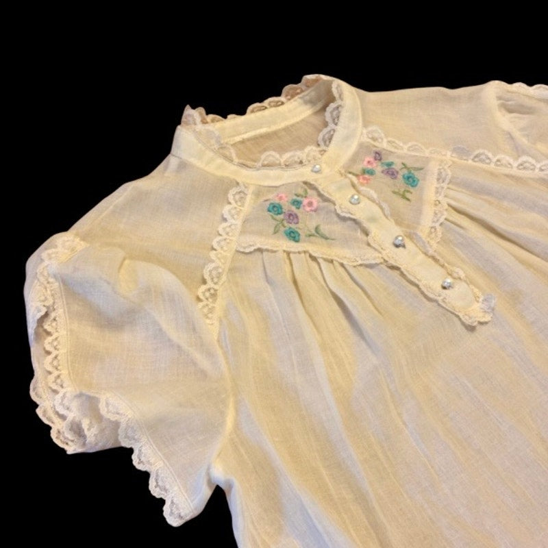 Vintage Sheer Pastel Yellow Floral Embroidered Lace Collar Short Sleeve Blouse (S-M)