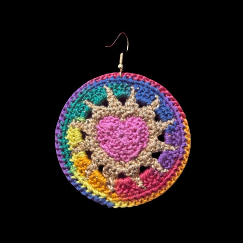 Pink, Gold, & Rainbow Hearts on Fire Micro-crocheted Disc Earrings