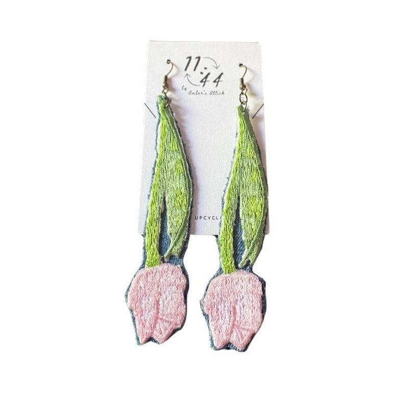 Upcycled Vintage Pink Tulip Embroidered Patch + Denim Earrings (Upside Down)