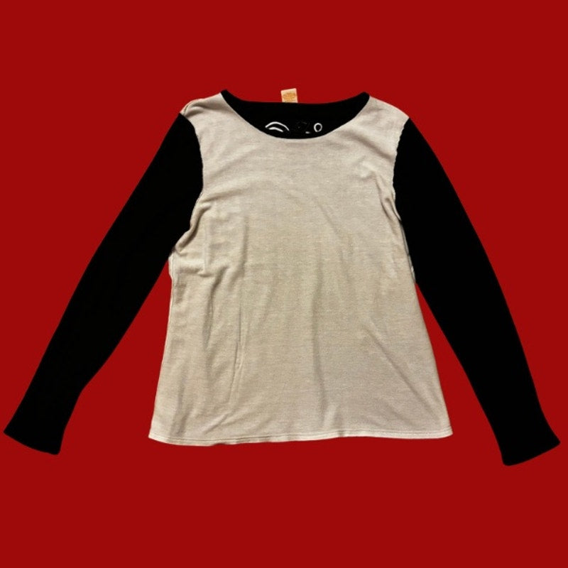 Vintage Black & White Heart Scroll Patch Upcycled Long-Sleeve Shirt (L)