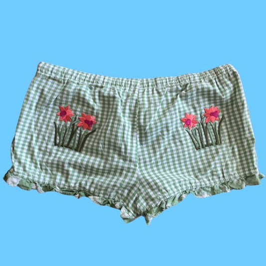 Vintage Daffodil Patch Green and White Gingham Ruffle Hem Cotton Lounge Bloomers (L)