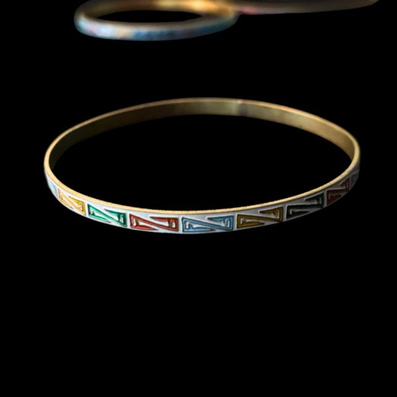 White/ Rainbow “Z” Pattern Vintage Cloisonné Bangle (Small - Medium)