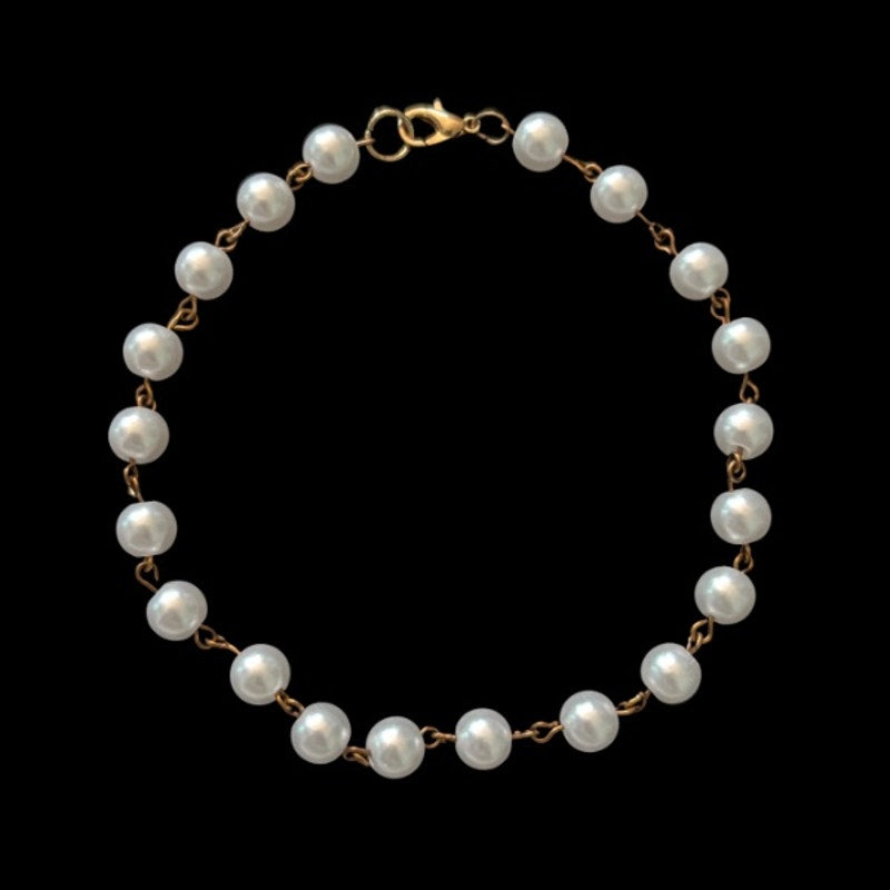 Bronzed Gold & White Pearl Beaded Chain Anklet (XL)
