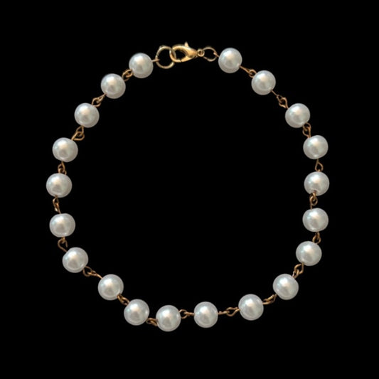 Bronzed Gold & White Pearl Beaded Chain Anklet (XL)