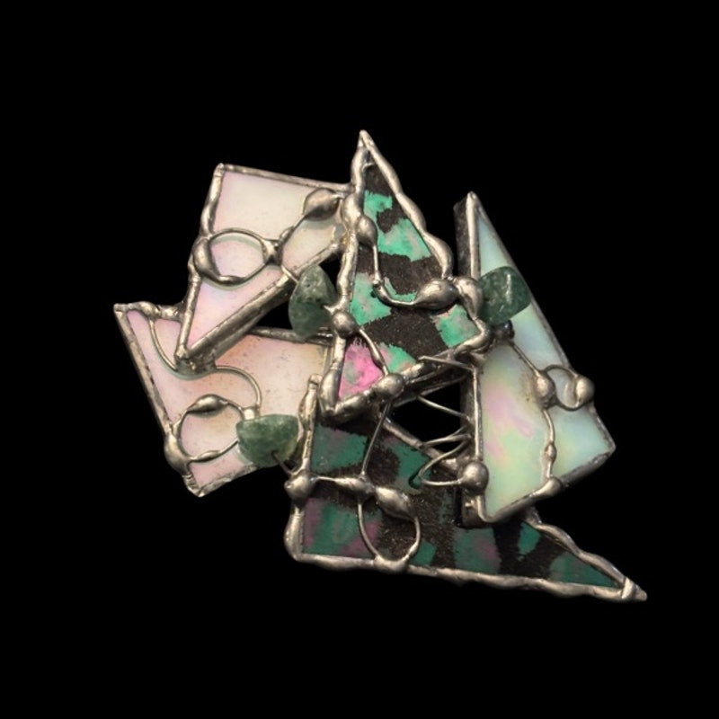 Vintage Abstract Art Deco Green/ White/ Black Stained Glass Mother of Pearl Spiral Coil Crystal Chip Silver Brooch