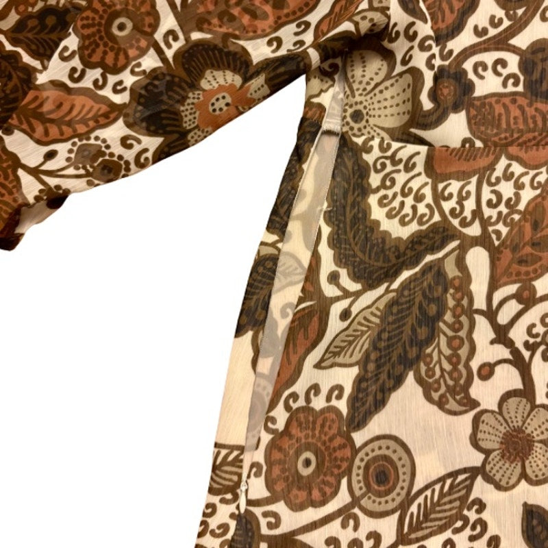 Y2K Earthy Burnt Orange, Cream, and Green Sheer Floral Puff Sleeve Blouse (M)