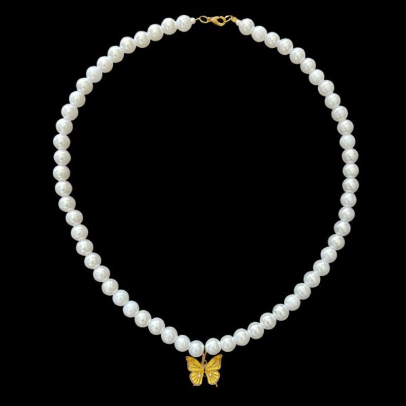 Yellow Butterfly Charm Pendant Pearl Necklace | Handmade with Secondhand Materials