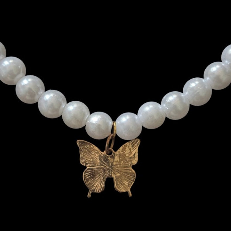 Yellow Butterfly Charm Pendant Pearl Necklace | Handmade with Secondhand Materials
