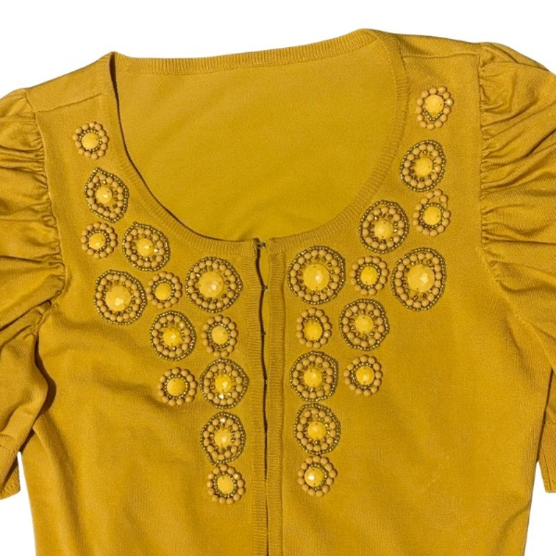 Mustard Yellow Beaded Flower Ruched Half Sleeve Cardigan (Large)