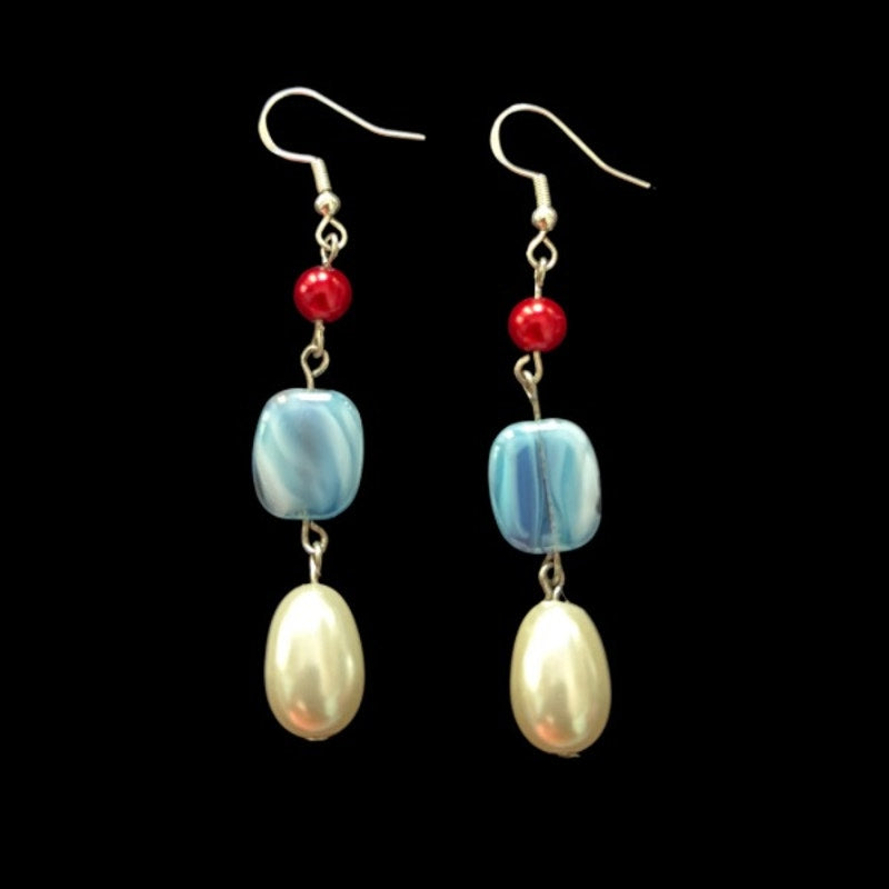 Baroque-Inspired Red, Marbled Sky Blue, & Pearl Bead Drop Earrings