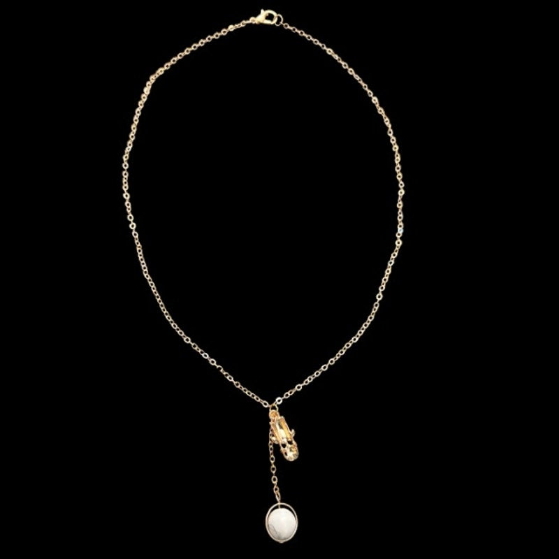 Gold Top Hat Skull & White Marble Charm Layered Drop Pendant Necklace