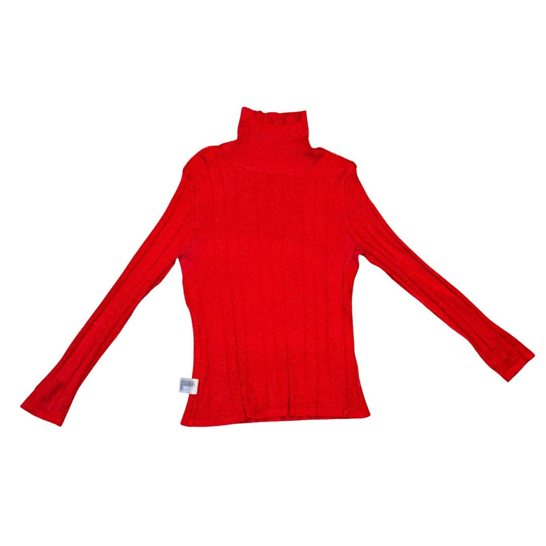 Vintage Red Stretchy Sparkly Ribbed Knit Turtleneck Long Sleeve Shirt