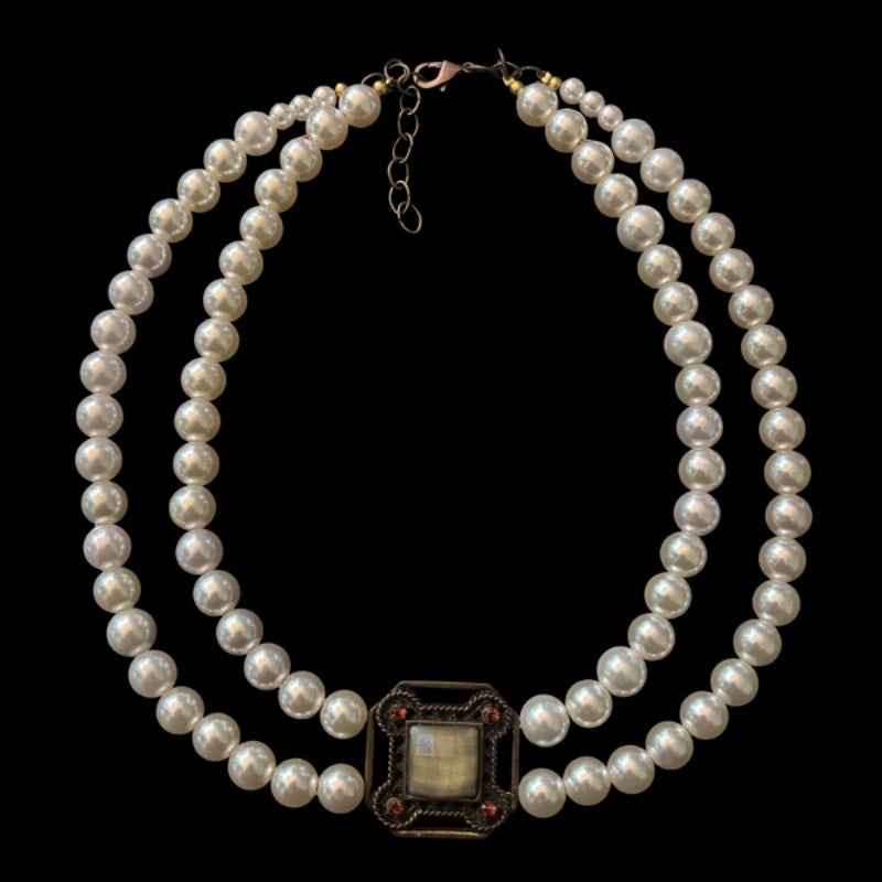 Double Strand Pearl Necklace with Square Vintage Costume Jade & Amber Rhinestone Studded Bronze Pendant