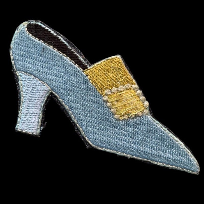 Heavenly Blue and Gold Buckle French Court Shoe Heel Vintage Embroidered Patch Pin