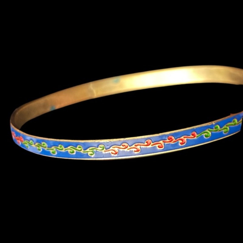 Royal Blue/ Multi Scroll Vintage Cloisonné Brass & Enamel Bangle (Small)