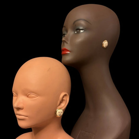 Handpainted Vintage Gold Frame Moon Face Stud Earrings