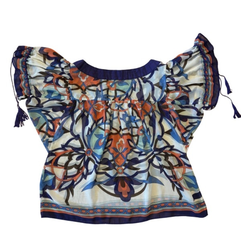 Sheer Orange/ Purple/ White Floral Print Short Sleeve Peasant Babydoll Top (L)