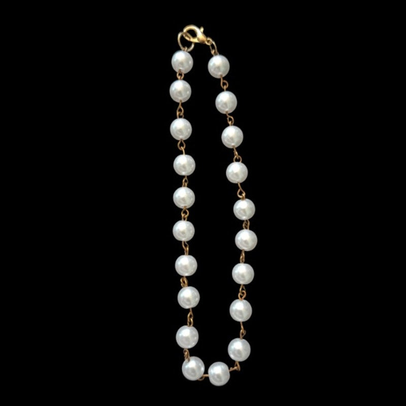 Bronzed Gold & White Pearl Beaded Chain Anklet (XL)