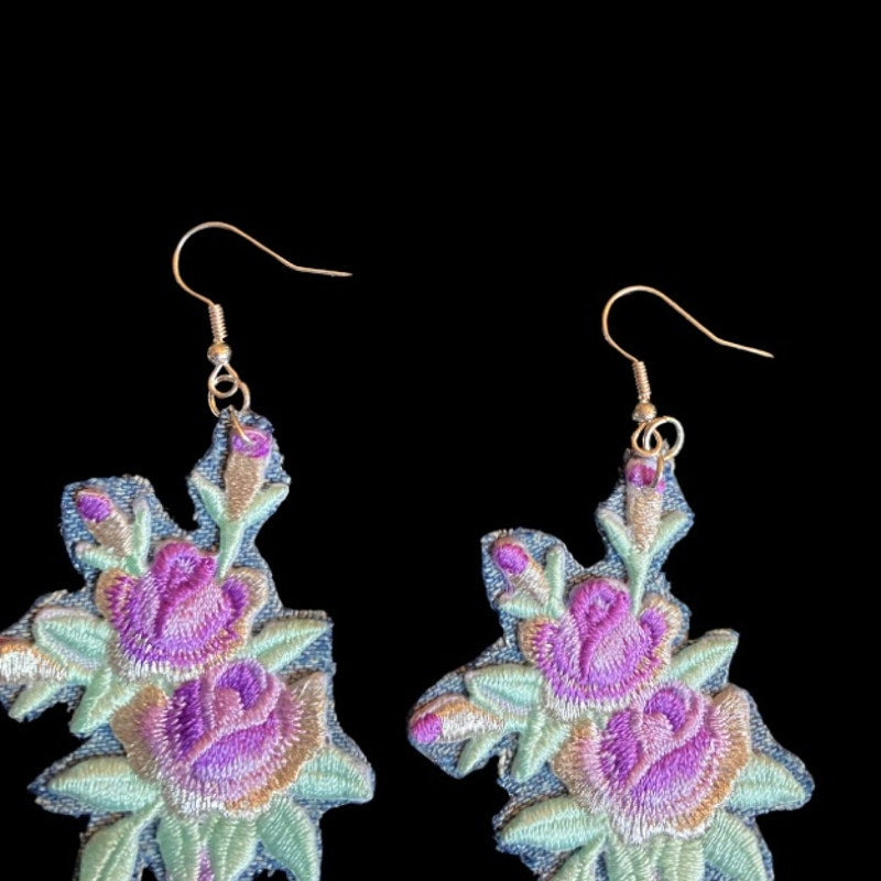 Vintage Purple/Silver Rose Bouquet Embroidered Patch + Denim Earrings