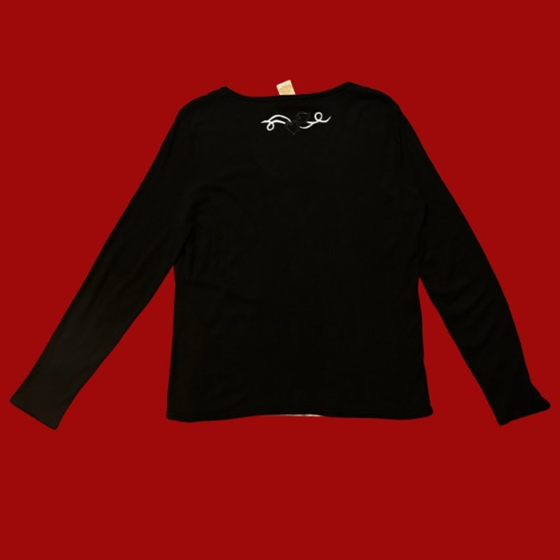 Vintage Black & White Heart Scroll Patch Upcycled Long-Sleeve Shirt (L)