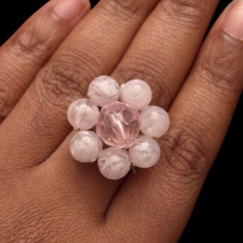 Pastel Pink Beaded Flower Upcycled Vintage Earring Ring (8)