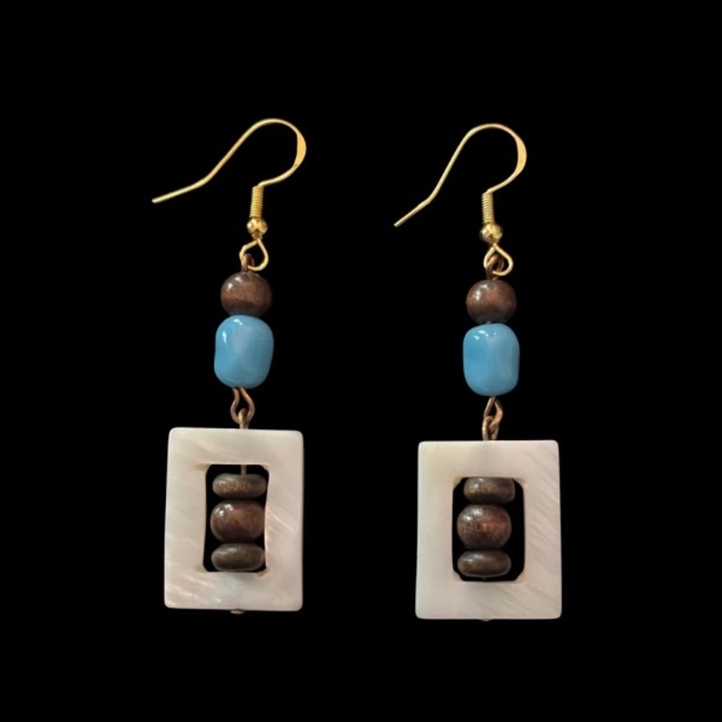 A Shore Thing | Wood, Faux Turquoise, & Shell Beaded Drop Earrings