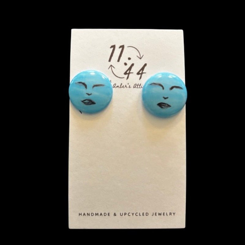 Handpainted Vintage Blue Moon Face Stud Earrings
