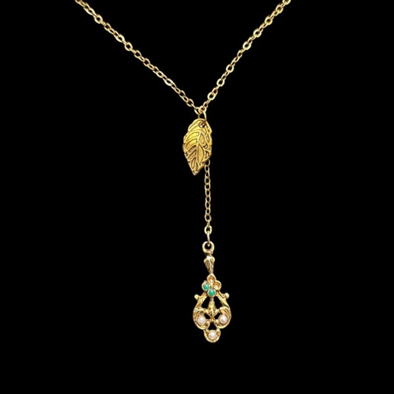 Gold-Toned Leaf & White/Green/Gold Filigree Charm Layered Drop Pendant Choker Necklace