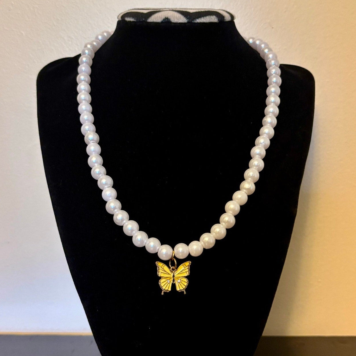Yellow Butterfly Charm Pendant Pearl Necklace | Handmade with Secondhand Materials