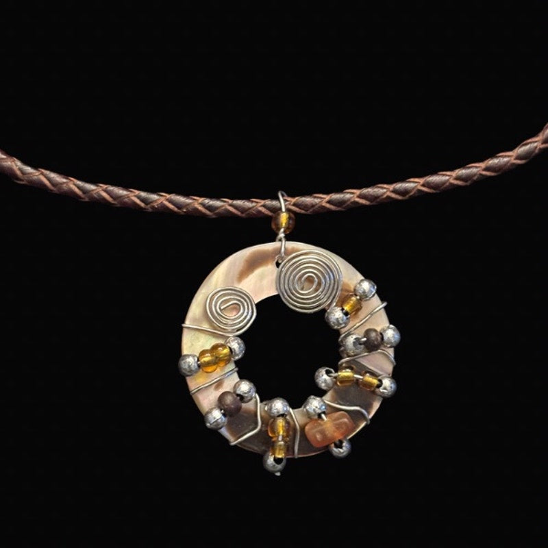 Wire-wrapped Beaded Abalone Shell Ring Pendant Leather Cord Choker Necklace
