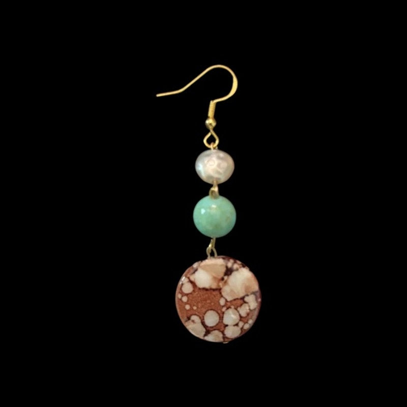 Baroque-Inspired Costume Pearl, Turquoise, & Brown Jasper Shell Bead Drop Earrings