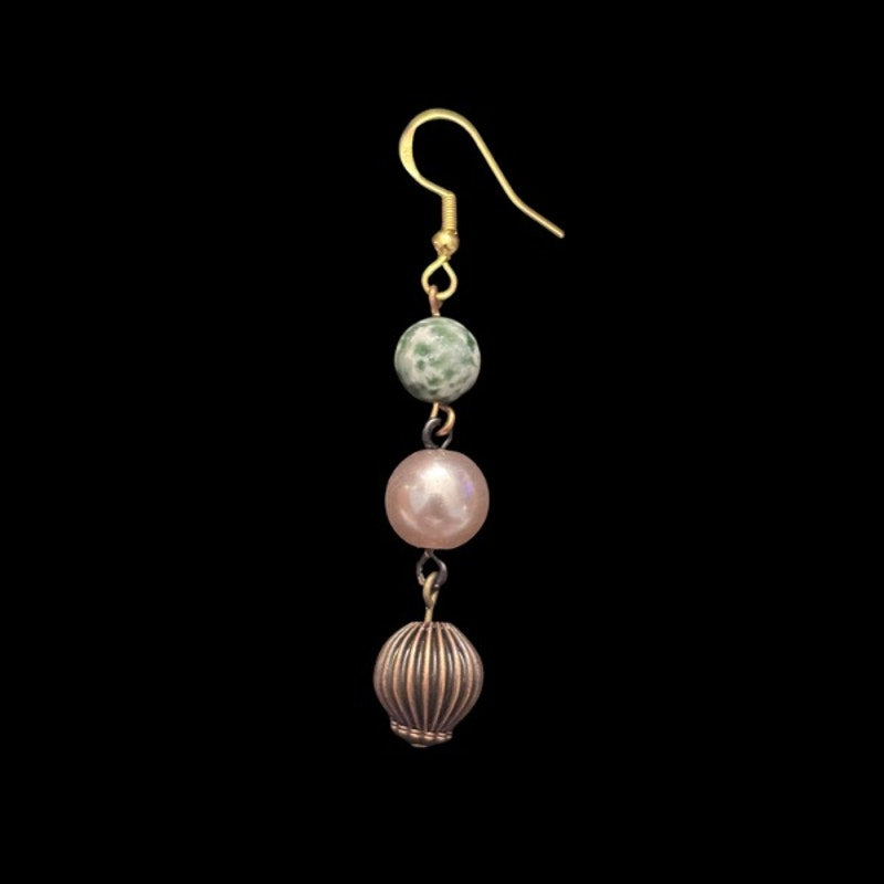 Baroque-inspired Marbled Green, Rose Gold Pearl, & Bronze Beaded Drop Earrings