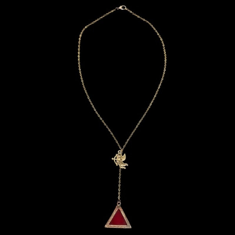 Bronze Cupid & Vintage Red Triangle Earring Layered Drop Pendant Necklace