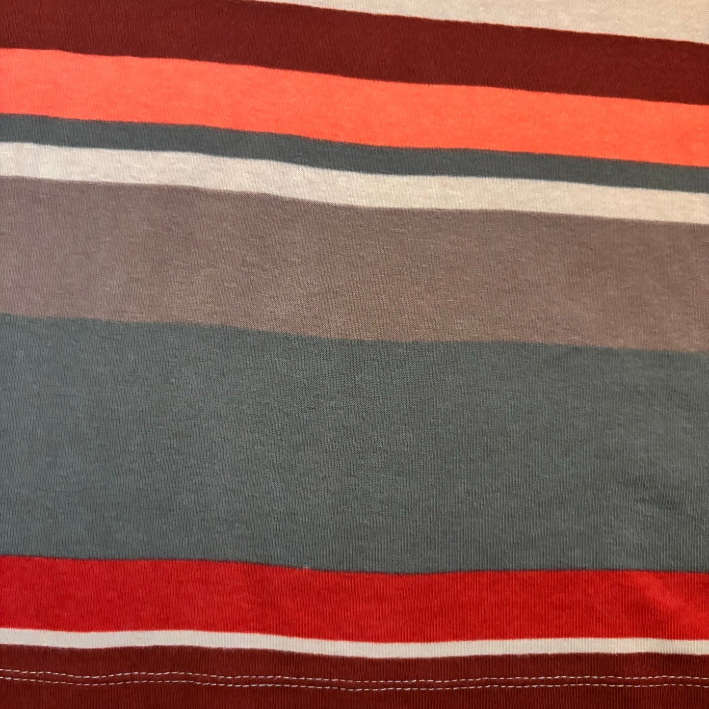 Vintage Sun and Moon Patch Coral Pink/Green Striped 3/4 Sleeve Cotton V-Neck Top (L-XL)