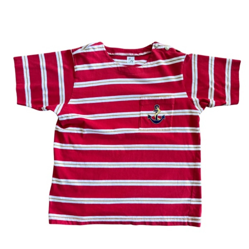Vintage Anchor Patch Red/Yellow/White Striped Short Sleeve Top (L)