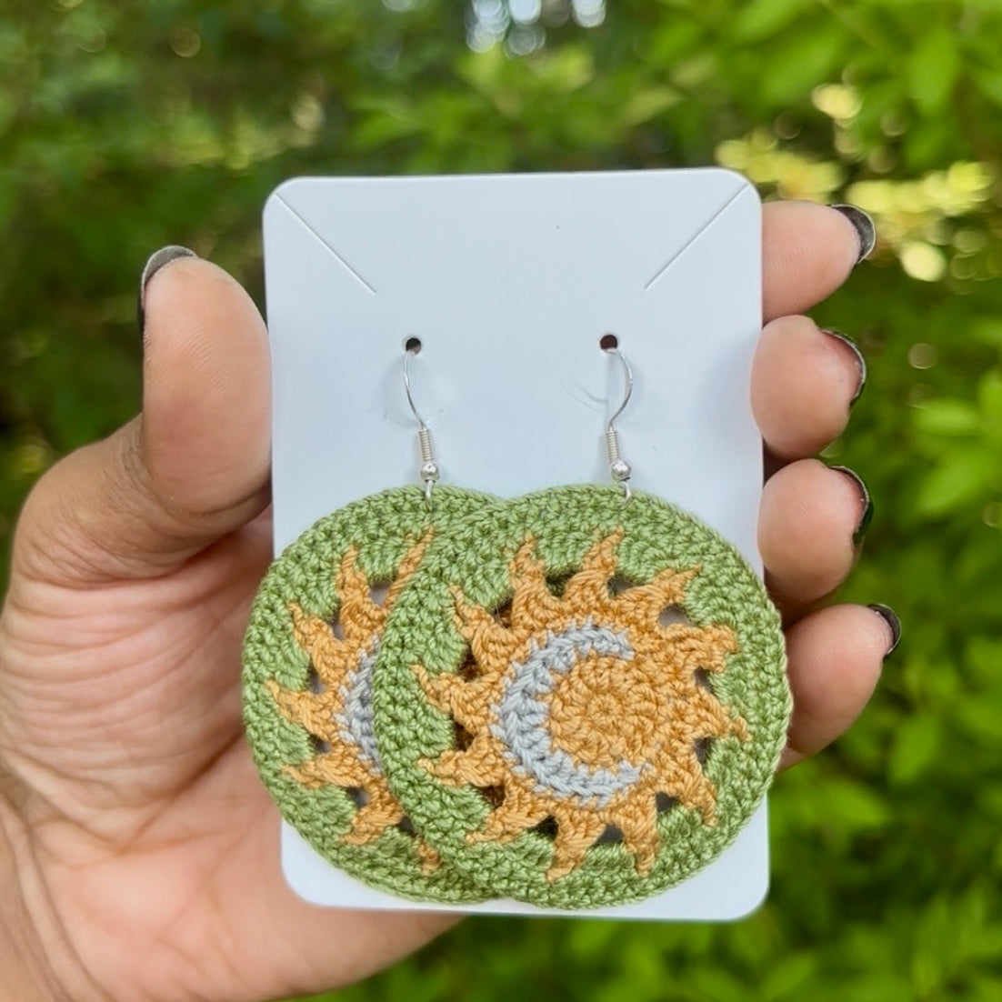 Sage Green Sun and Moon Micro-crocheted Disc Earrings | Made by Maya