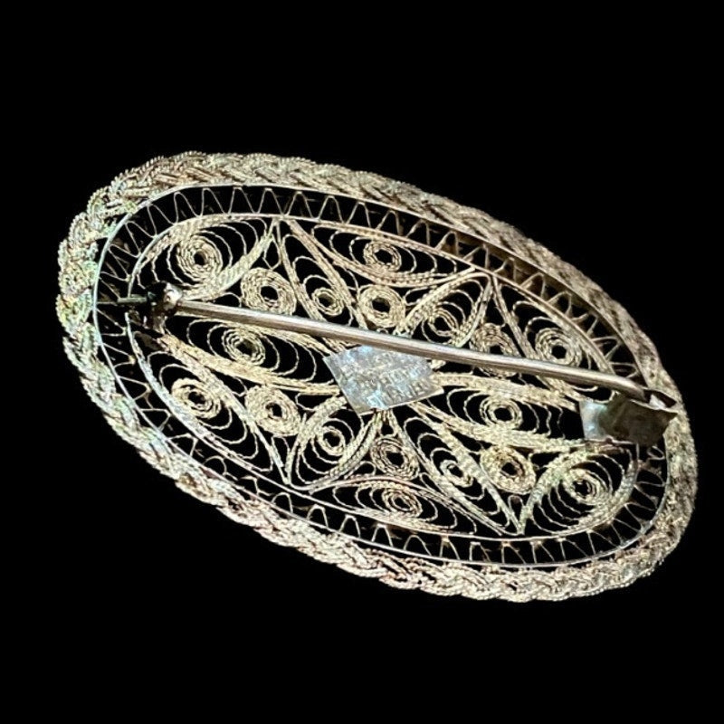 Vintage Palestinian Sterling Silver Oval Openwork Floral Filigree Brooch