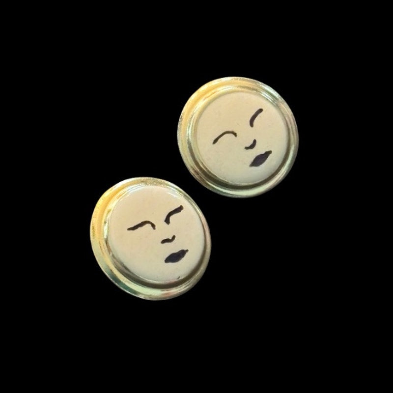 Handpainted Vintage Gold Frame Moon Face Stud Earrings