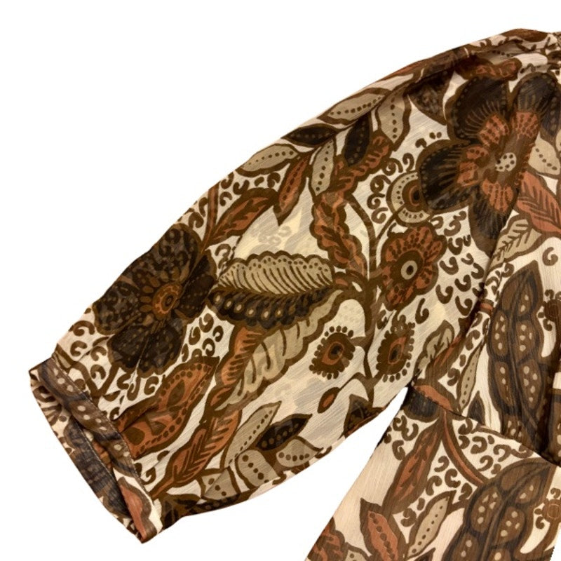 Y2K Earthy Burnt Orange, Cream, and Green Sheer Floral Puff Sleeve Blouse (M)
