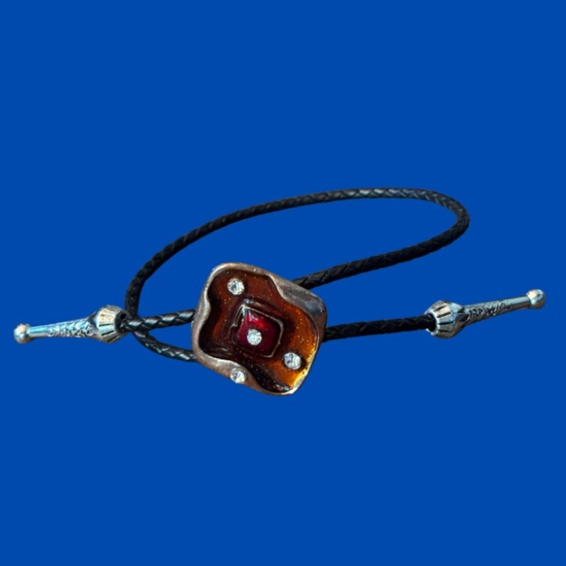 Upcycled Vintage Abstract Rhinestone Studded Red, Orange, and Bronze Diamond Bolo Bracelet