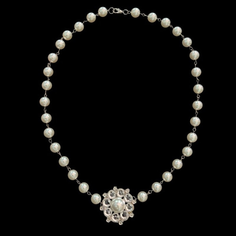 Vintage Rhinestone & Pearl Flower Pendant Pearl Beaded Chain Necklace | Handmade with Secondhand Materials