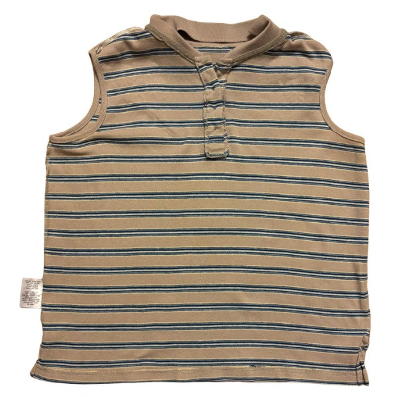 Vintage Embroidered Daisy Patch Striped Sand/Blue Cotton Quarter Button Down Sleeveless Shirt (Large)