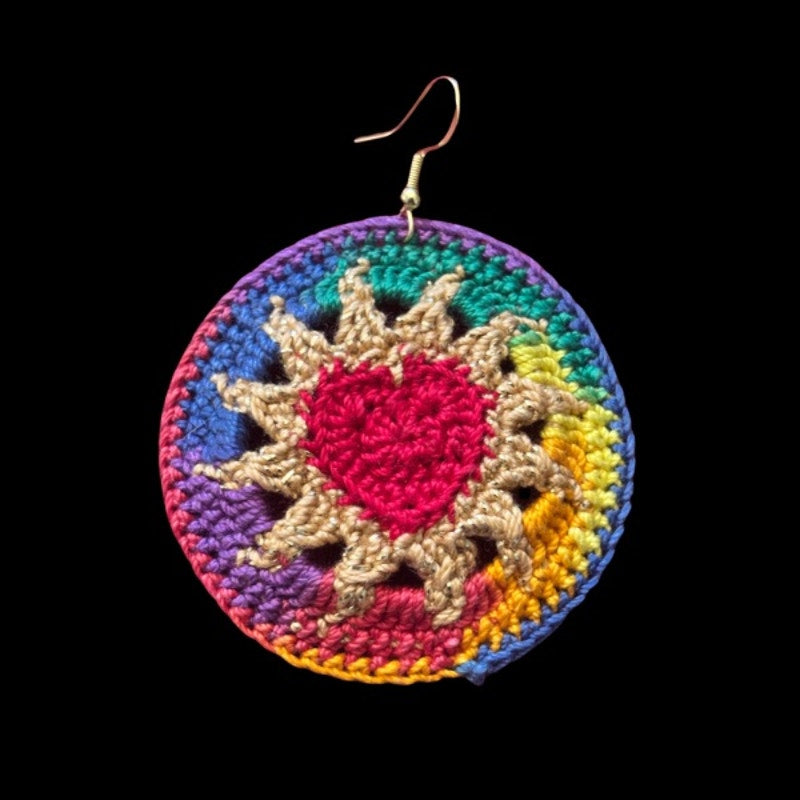 Red, Gold, & Rainbow Hearts on Fire Micro-crocheted Disc Earrings