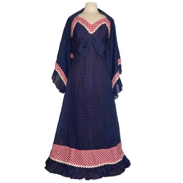 1960’s/70’s Navy Blue/White/Red Polka Dot & Gingham Trim Maxi Dress & Matching Shawl (S)