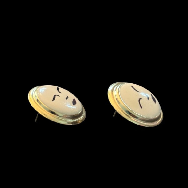 Handpainted Vintage Gold Frame Moon Face Stud Earrings