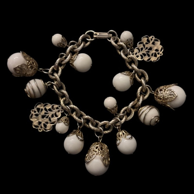 Vintage White & Silver Bauble Filigree Charm Chain Bracelet