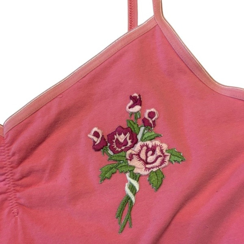 Vintage Pink Rose Bouquet Flower Patch Embellished Pink Crop Camisole (Medium-Large)